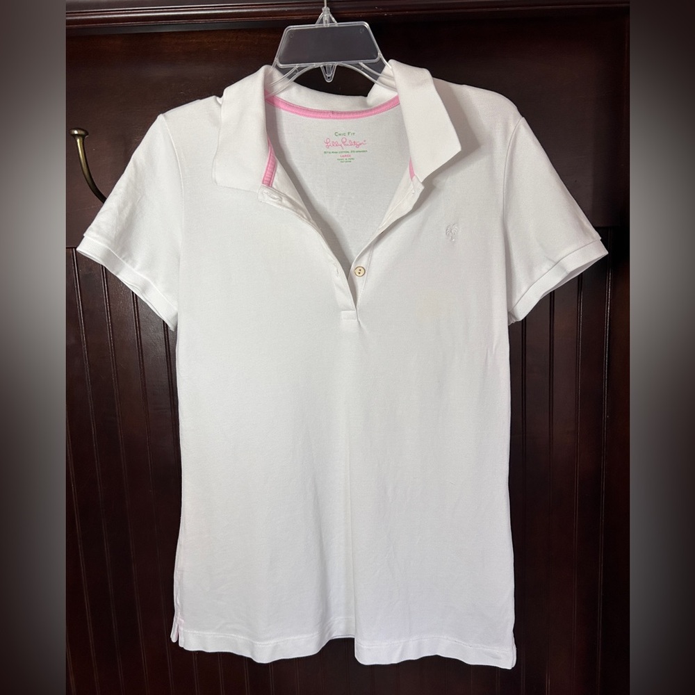 LILLY PULITZER White Chic Fit Pique Polo Logo Y2K Preppy Golf Tennis Resort Sz L - Picture 3 of 14